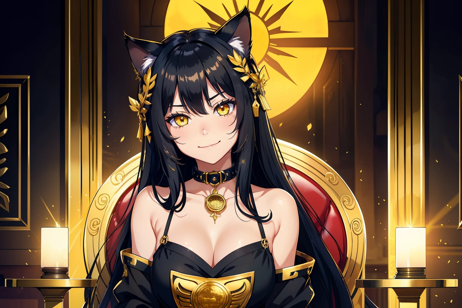 (best quality, 4k, 8k, high-res, masterpiece, ultra-detailed, anime style), (1girl, cat ears, long black hair, yellow eyes, catgirl, playful smile, smug, looking at viewer, turned to viewer), (collar, black clothes), (sun temple), sun temple interior behind, warm ambience around, gold temple interior, sitting strait on the gold throne, Laurel wreath, empress, imperium