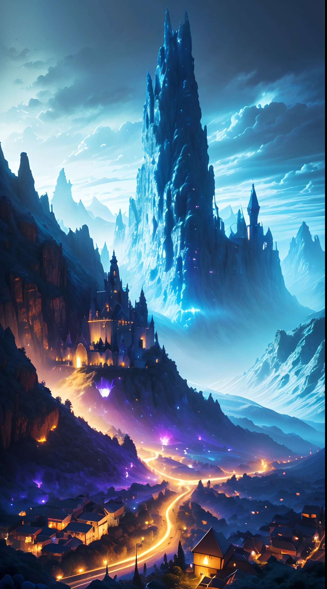 There is a mystical landscape of a magical fantasy with side mountains divided by a trench in half, paisagem surrealista, noite mistica, lua cheia brilhante, magic lights , luzes neon, magia de luz, noite misteriosa, (luzes roxo,azul, amarelo), photografia profissional,(obra prima),(Ultra realista),(Ultra Dealhado),(melhor qualidade),(simetria perfeita:1.3)