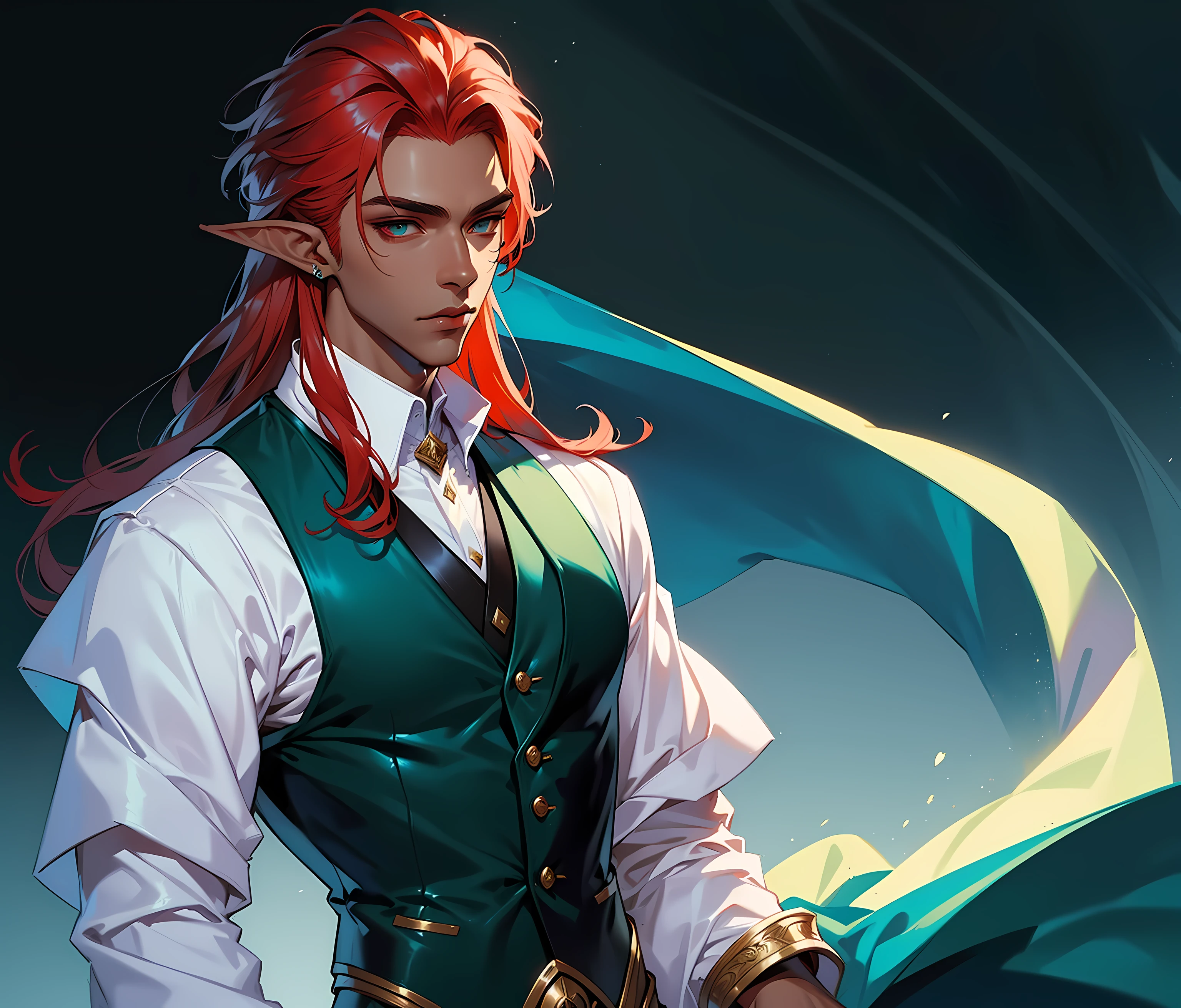 (((Masterpiece))), top quality, handsome dapper male elf, super detailed, kind and sophisticated, white corset vest, pants, shiny skin, long red hair, teal eyes, (dark skin), light background, ((male focus)).