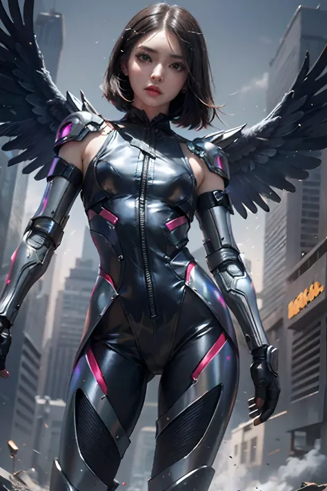 (8K), Highly detailed face,Masterpiece, Pretty girl, Huge black cyborg wings, The wings have neon lights, Wings spread,, Wearing...