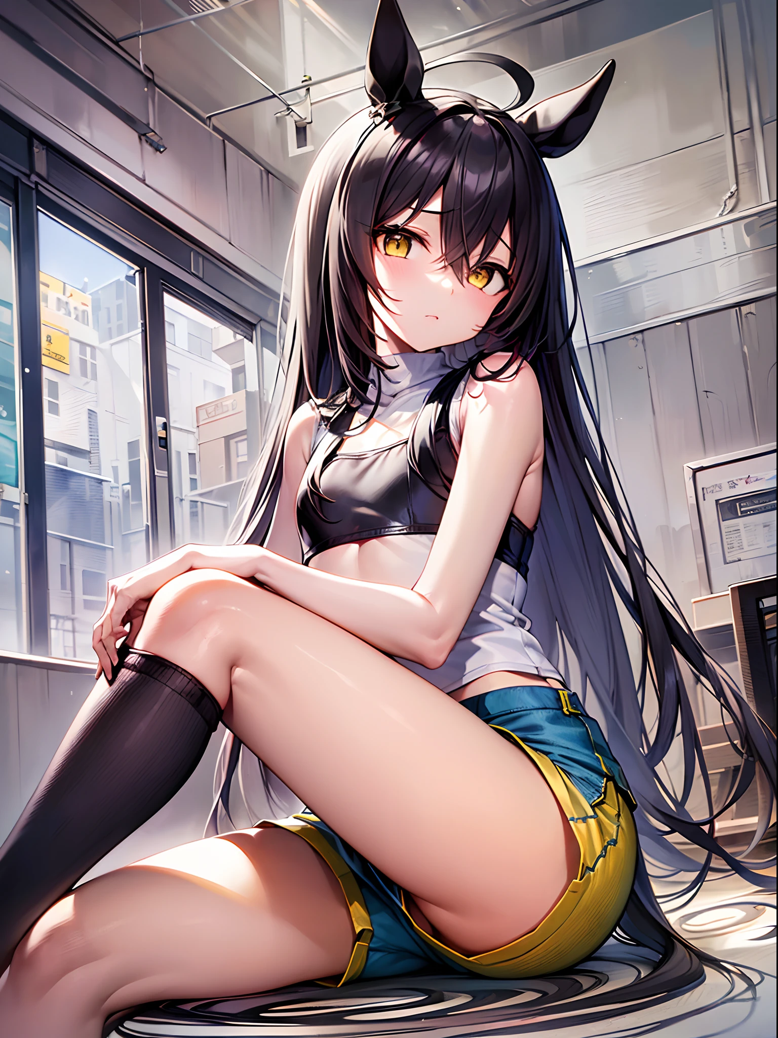 ((​masterpiece))、top-quality、manhattan-cafe(umamusume)、(1girl in、solo)、(horse ear、Horse tail、Horse Girl)、White ahoge, (Long Black Hair)、long black bangs passing between the eyes,,,,,、yellow  eyes、(((flat chest)))、((((Sleeveless))))、((((hotpants))))、(((Physical education sitting、sitting with knees arised)))、Rat groove、thighs thighs thighs thighs、s ass、((frontage、Angle from below))、