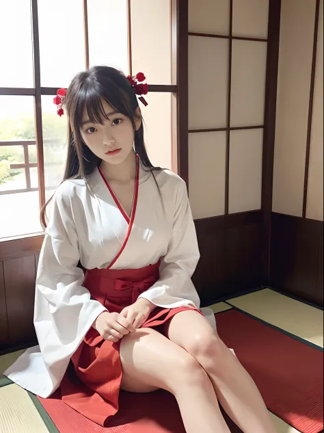 (One slender very small-breasted girl has long hair with dull bangs in Japanese shrine maiden outfit :1.5)、(One slender super small girl sits in a Japanese-style room and take off a white kimono and scarlet long skirt :1.5)、(White kimono and scarlet long s...
