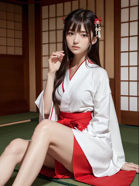 (One slender very small-breasted girl has long hair with dull bangs in Japanese shrine maiden outfit :1.5)、(One slender super small girl sits in a Japanese-style room and she is taking off a white kimono and scarlet long skirt :1.5)、(White kimono and scarl...