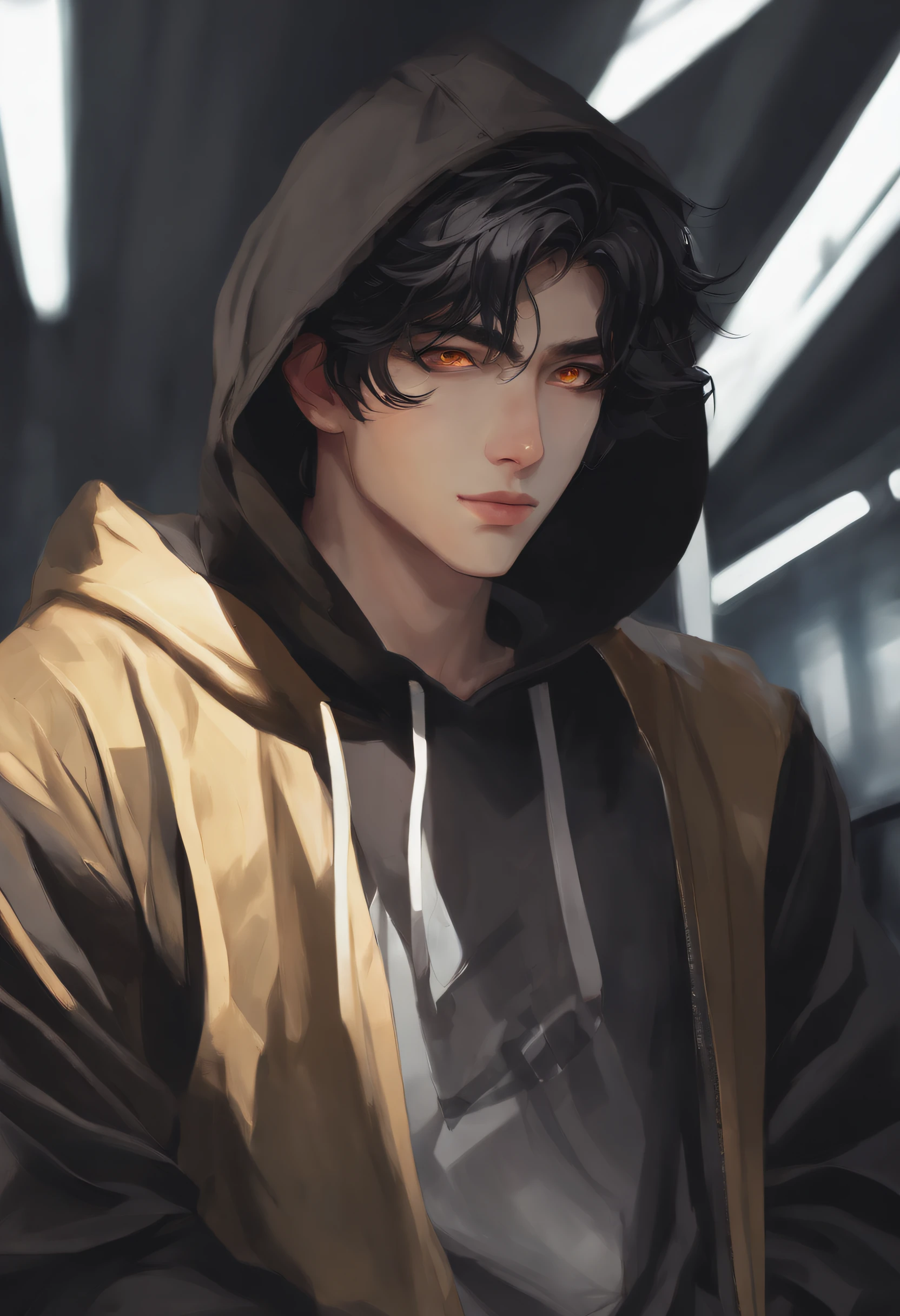 Hombre anime con ojos amarillos y cabello negro con sudadera con