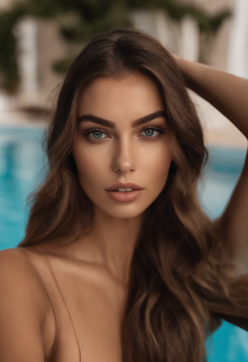 A woman with long brown hair and a tan top posing by a pool - SeaArt AI