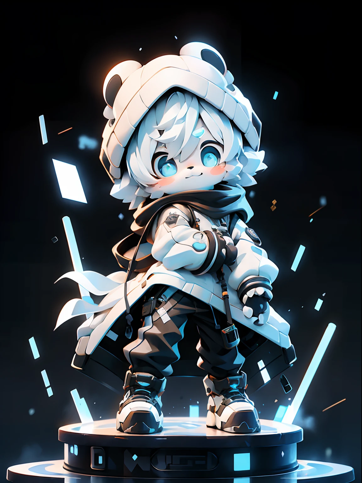 One Boy, cute smile, Blue eyes,hair black mixed white messy,White Techware  long big black mixed white long colored sweater,tear drop,Viewer's Eye Line,Black skinny pants,Panda ears, cyberpunked, is standing cool pose, baby-face, cute little, with bamboo sword