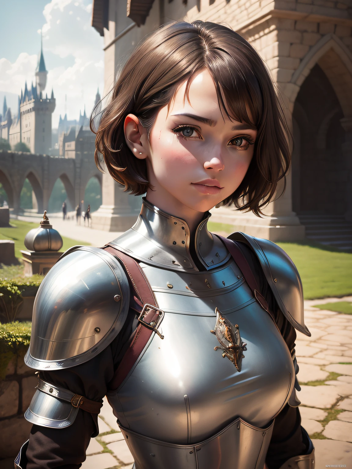 portrait of a girl, the most beautiful in the world, (medieval armor), metal reflections, upper body, outdoors, short hair, brown hair, sunlight, far away castle, professional photograph of a stunning woman detailed, sharp focus, , award winning, cinematic lighting