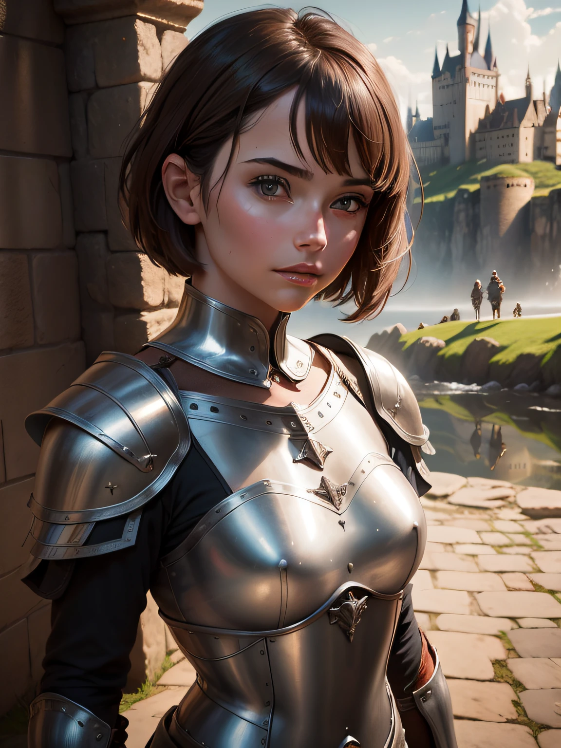 portrait of a girl, the most beautiful in the world, (medieval armor), metal reflections, upper body, outdoors, short hair, brown hair, sunlight, far away castle, professional photograph of a stunning woman detailed, sharp focus, , award winning, cinematic lighting