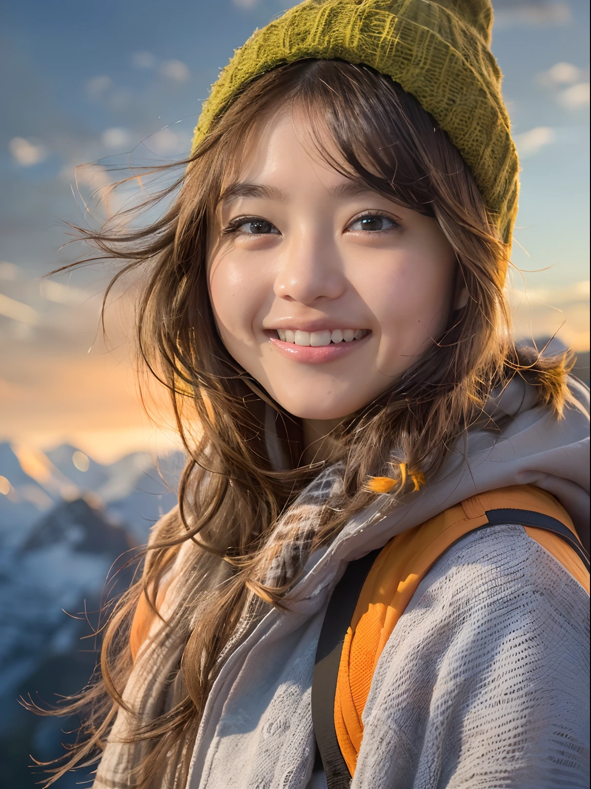 realisticlying、Snow-capped climbing、Outdoor Fashion Girl、Mountain from the cliff々々View、Portrait、Orange sunset、Happy smile、realisitic、Background ball blur、Happy smile、An 18-year-old woman、