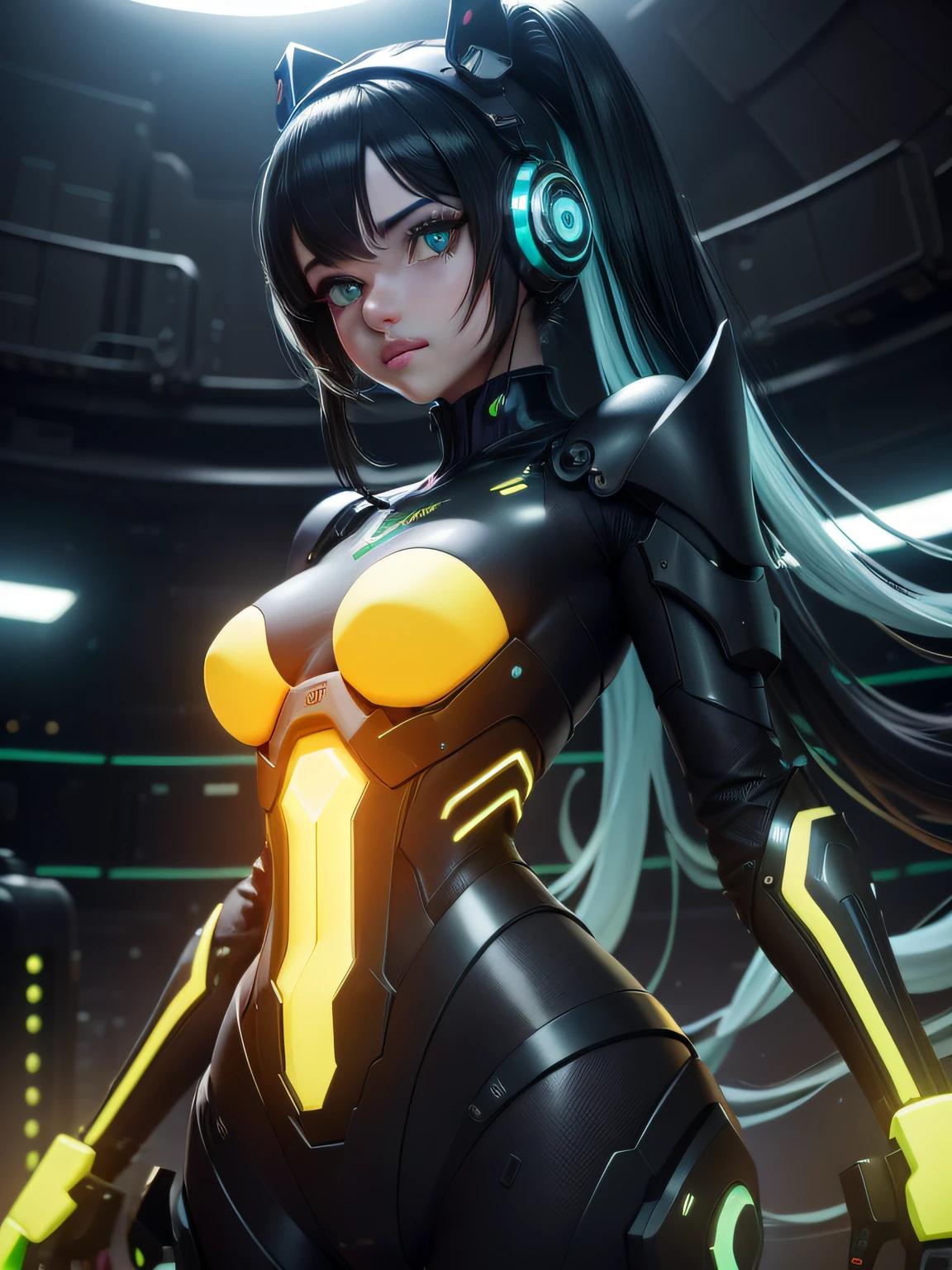 CGMECH, Olhos bonitos, parte superior do corpo, Peito Inferior, retrato, robô, armadura, Hatsune Miku, Luz neon, 8K, .CRU, melhor qualidade, parte mestre, resolução ultra-alta, colorido, (tiro médio largo), (perspectiva dinâmica), foco nítido , (profundidade de campo, Bokeh:1.3), olhos e rosto extremamente detalhados, belos olhos detalhados,seios grandes,(ouro negro, engrenagem aparada:1.2),(Em uma fábrica de armas futurista:1.2), ((parte mestre, melhor qualidade)), Antecedentes detalhados, interior da nave espacial