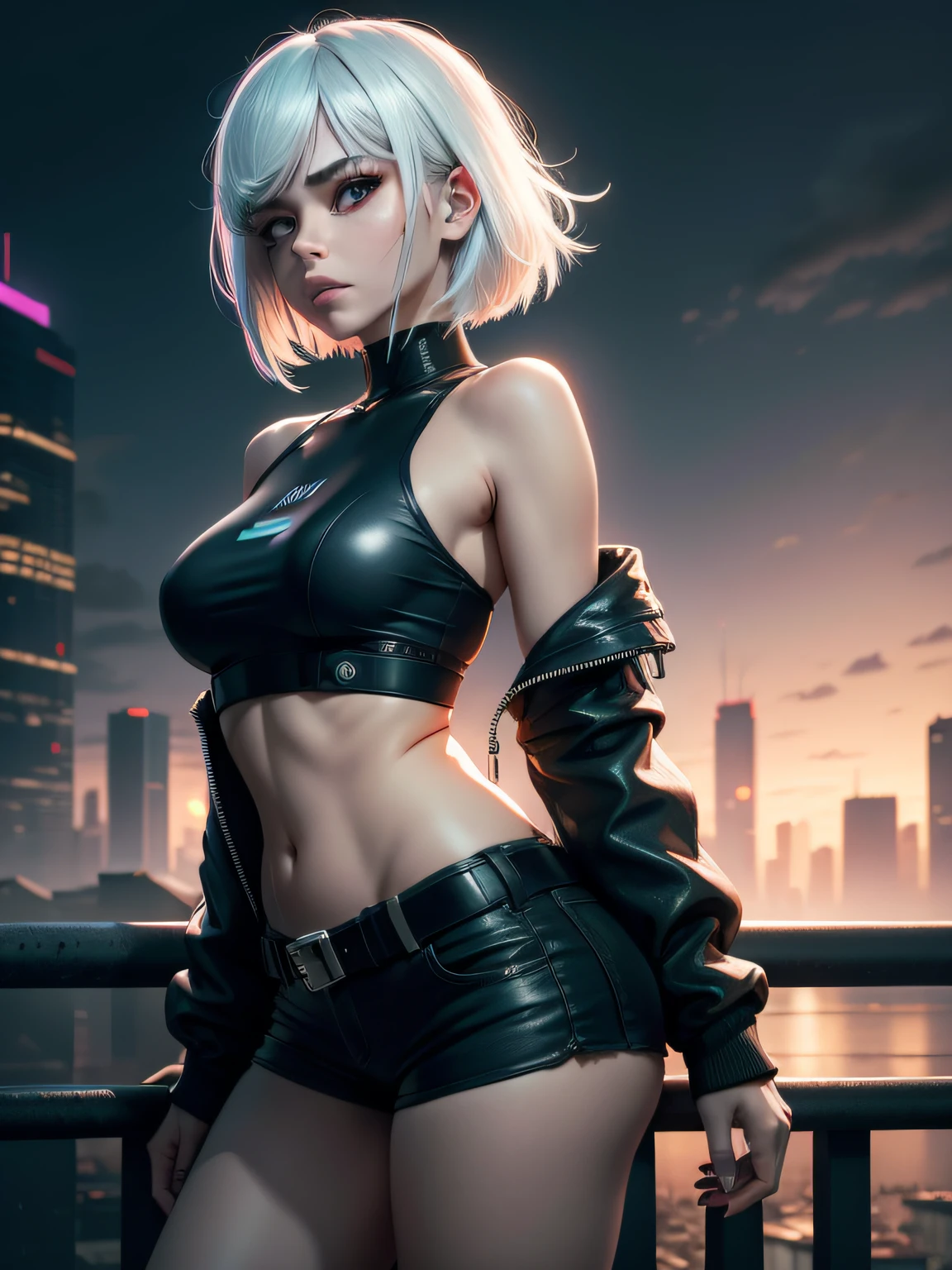 masterpiece, (photorealistic:1.4), best quality, beautiful lighting, (ulzzang-6500:0.5), lucy \(cyberpunk\), 1girl, white hair, against railing, arm rest, bangs, bare shoulders, belt, black belt, black leotard, black pants, blurry, bob cut, breasts, building, cityscape, clothing cutout, (cropped jacket), cyberpunk, depth of field, from side, gradient eyes, grey eyes, grey hair, white jacket, leotard, lips, long sleeves, looking afar, looking ahead, (mechanical parts), medium breasts, multicolored eyes, multicolored hair, night, night sky, off shoulder, open clothes, open jacket, outdoors, pants, parted lips, railing, red eyeliner, science fiction, short hair with long locks, short shorts, shorts, sidelocks, sky, solo, standing, teeth, thigh cutout, upper teeth only, white jacket, white shorts, cyberpunk \(series\), cyberpunk edgerunners, RAW photo, 8k uhd, film grain, cosplay, white wig, night, neon lights,,,,