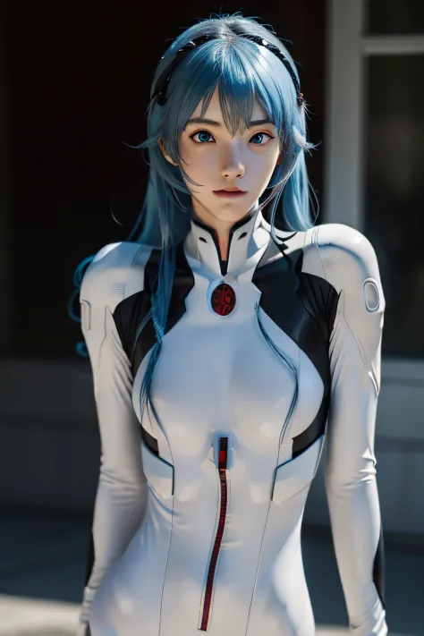 (((Longhaire)))、reiayanami, Rei Ayanami, Blue hair, (Red Eyes:1.5), Blake Bodysuit, Headgear, plugsuit, White bodysuit, BREAK ou...