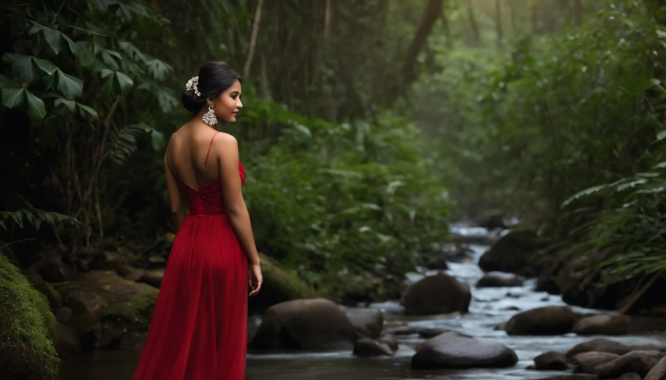 Arafed woman in a red dress standing in a stream - SeaArt AI