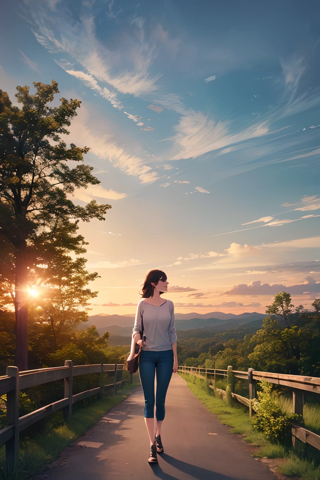 buisson, falaise, nuage, nuagey_Ciel, jour, forêt, herbe, horizon, maison, forêt, Lac, lentille_éclater, Lumière_des rayons, montagne, nature, En plein air, route, pin_arbre route, paysage, Ciel, soleil, soleilbeam, SunLumière, soleilset, arbre, arbre shadow, jeans serrés, marche, seul, souriant, (chef-d&#39;œuvre, Meilleure qualité:1.2), Visage détaillé, yeux détaillés, Femme élégante, rouge à lèvres,corps en forme,vêtements décontractés,cheveux frais,mature,tout le corps,sourire timide,(2 femme, baiser,hot baiser , lesbienne):1