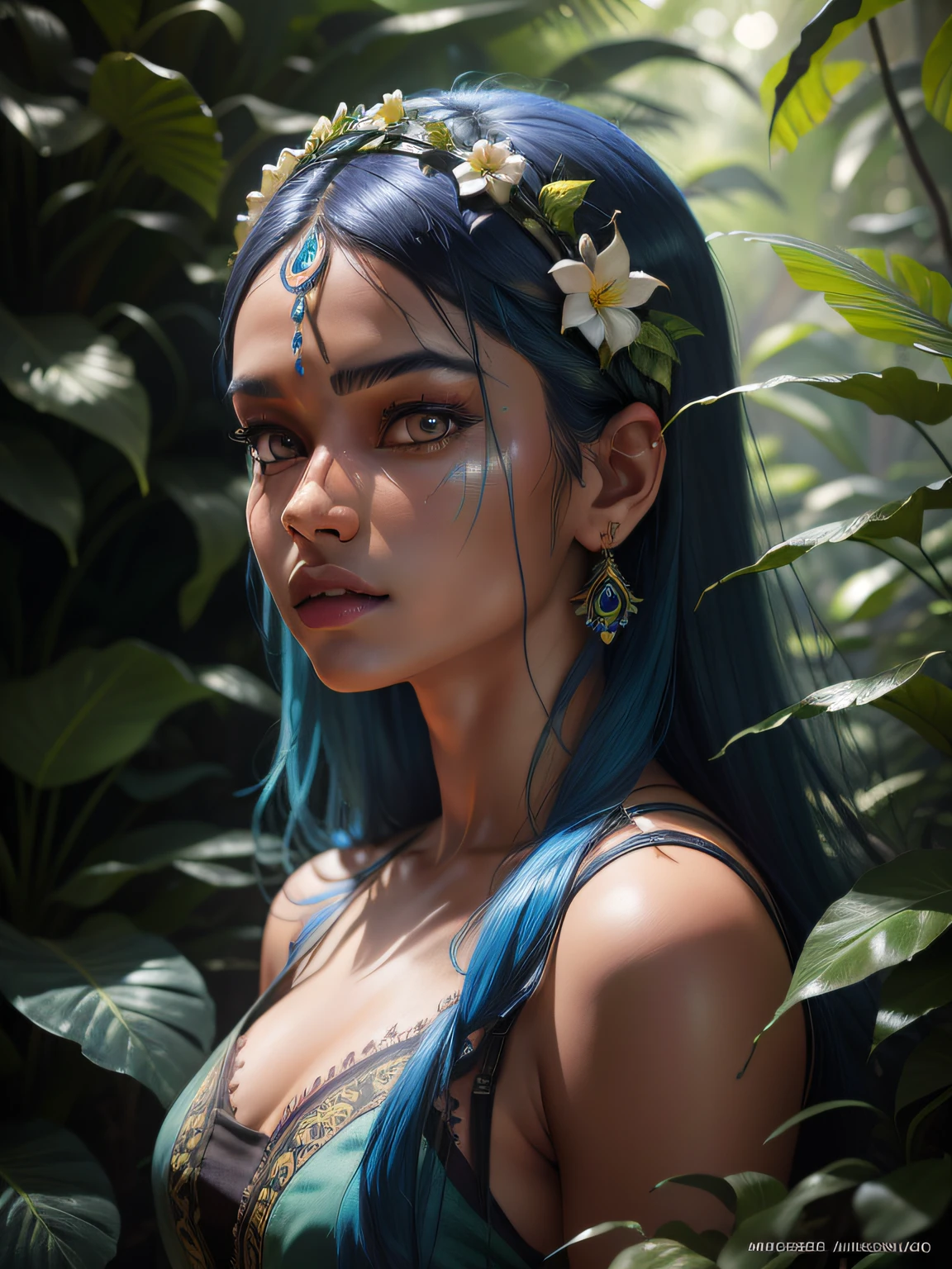 fashion photography portrait of 印度n girl with blue hair, 在花朵盛開的茂密叢林中, 3d 渲染, 電腦圖形學, 對稱的, 辛烷渲染, 35毫米, 散景, 9:16, (複雜的細節:1.12), 高動態範圍, (複雜的細節, hyper詳細的:1.15), (自然肌膚紋理, 超現實主義, 柔光, 鋒利的:1.2), 詳細的, 陽光透過樹葉, 印度