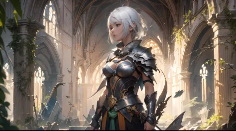 (by Greg Rutkowski: 1.2), (masterpiece), (best quality), extremely delicate and beautiful, illustration, a woman with sword in front of ruins of a cathedral, standing in ruins, noelle (genshin impact), 1girl, weapon, armor, holding weapon, sword, holding, ...