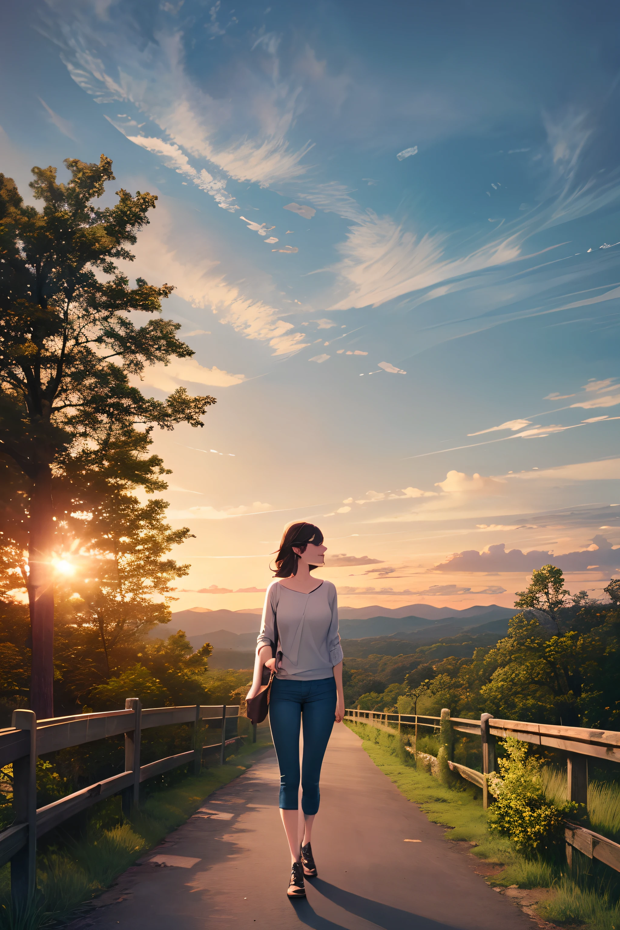 bush, cliff, cloud, cloudy_sky, day, forest, grass, horizon, house, forest, lake, lens_flare, light_rays, mountain, nature, outdoors, road, pine_tree road, landscape, sky, sun, sunbeam, Sunlight, sunset, tree, tree shadow, tight jeans, walking, alone, smiling, (masterpiece, best quality:1.2), detailed face, detailed eyes, elegant woman, red lipstick,fit body,casual casual clothes,cool hair,mature,full body,shy smile,(2 woman, kiss,hot kiss , lesbian):1