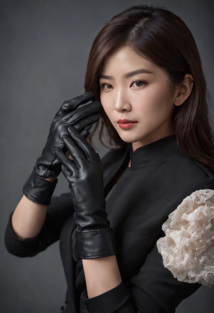 A young Japanese woman holding a black suit up to a shirt, a black leather glove worn in both hands, a woman's hand with a black suit and black leather gloves in front of her