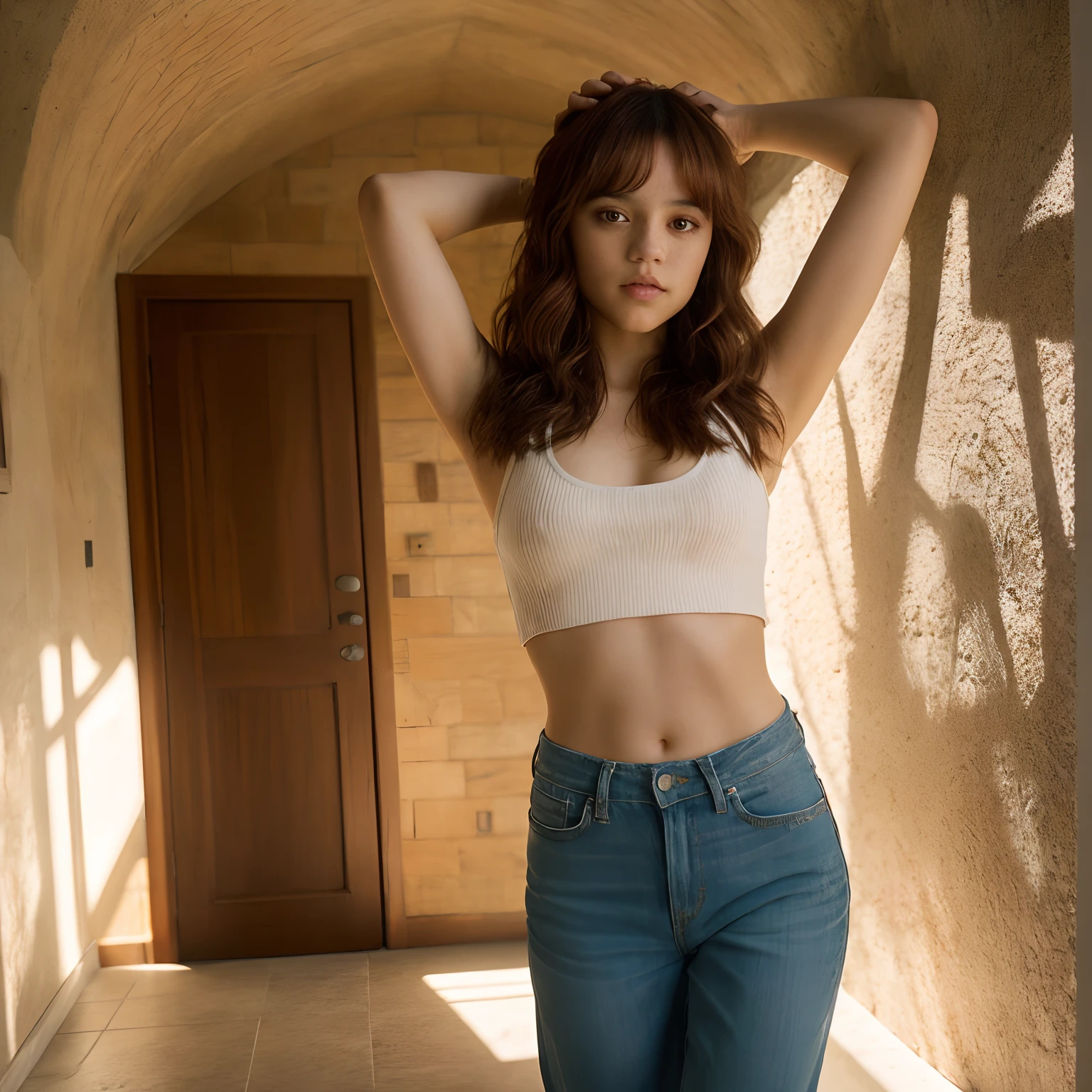 jortega as , looking at viewer, shaggy wolf haircut into a silky lob, Auburn Hair color, cute, wearing sexy outfit, showing armpits, masterpiece, extremely detailed skin, photorealistic, heavy shadow, dramatic and cinematic lighting, key light, fill light