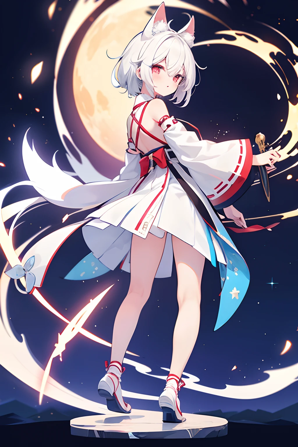 starnight, lookingback, fullbody, miko, white hair, lone nape hair, anime style, anime, drop shadow, best quality, 4K, award winning, super detail, textured skin