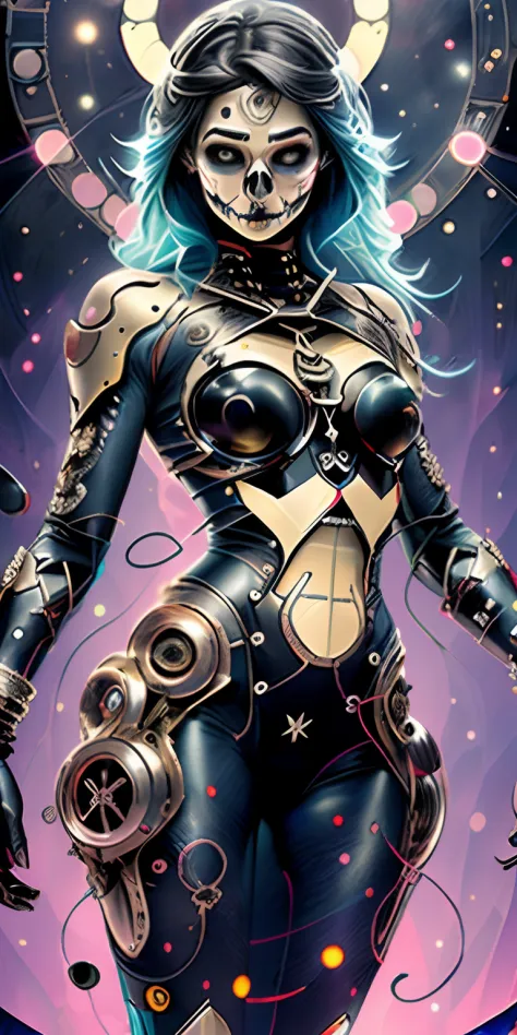 tarot cards，one-girl（full bodyesbian），cyber punk perssonage，Mechanical style，Gorgeous metal dress，dances，Metallic flowers，Solar energy core，Solid color base，Pastel colors, graceful movements,  Lots of details，delicated，tmasterpiece，32K，Extremely detailed,(...