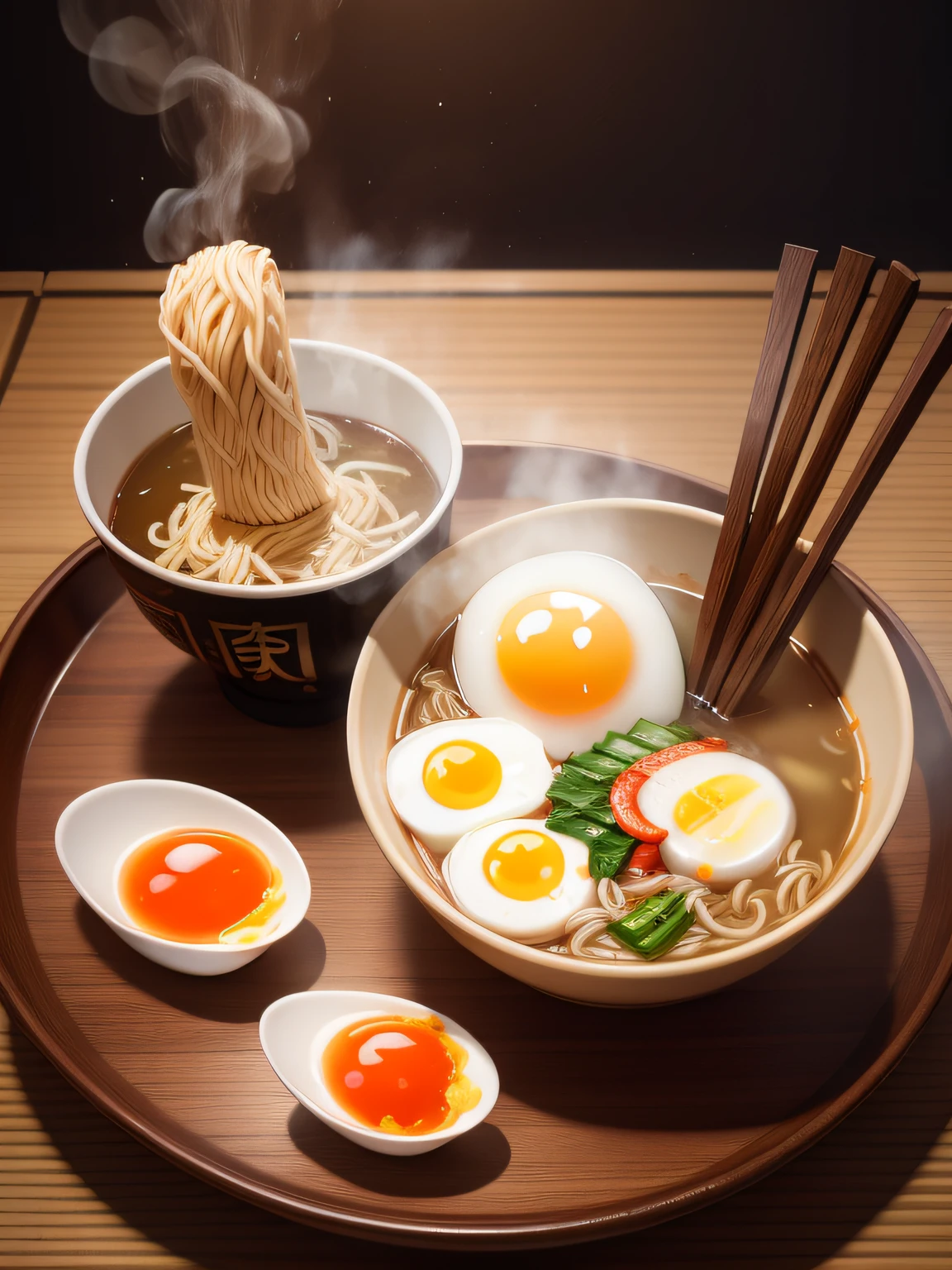 ultra detailed 8k cg, japanese ramen, chopsticks, egg, steam, boken