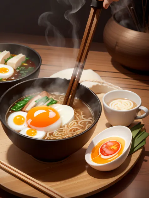 ultra detailed 8k cg, japanese ramen, chopsticks, egg, steam, boken