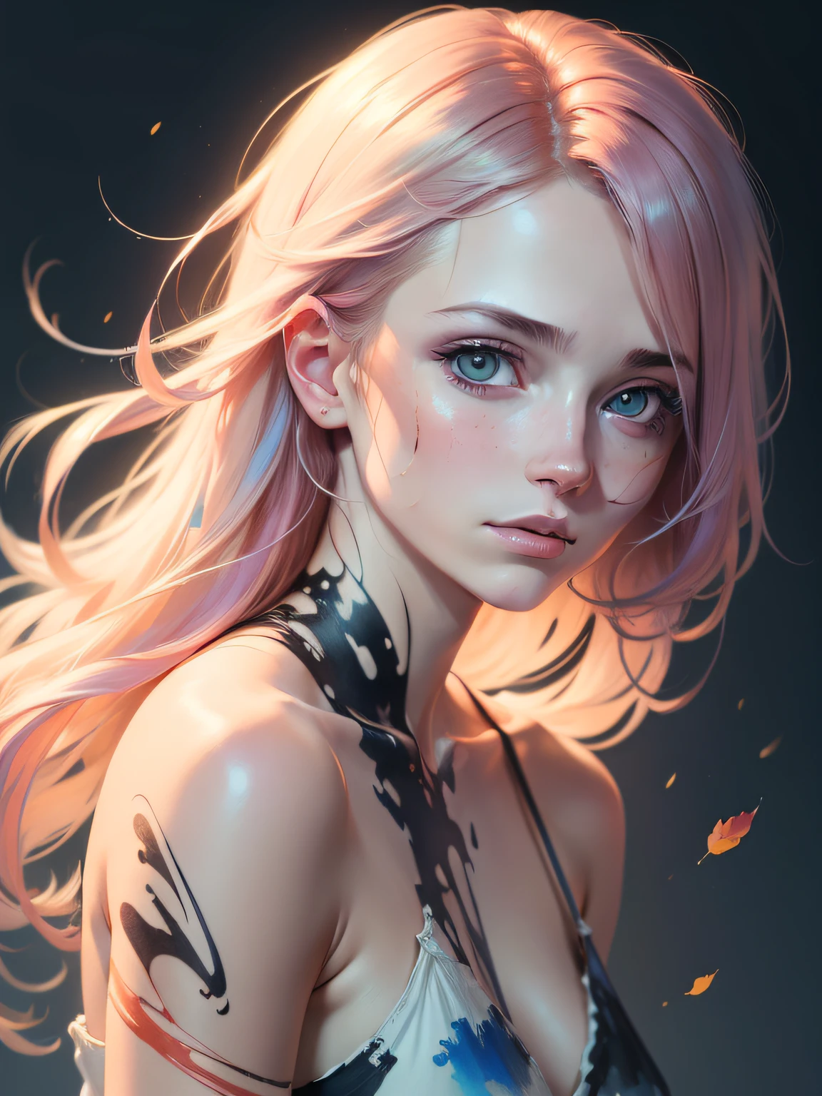 (8k, best quality, masterpiece:1.2),(best quality:1.0), (ultra highres:1.0), watercolor, a beautiful woman, shoulder, hair ribbons, by agnes cecile, half body portrait, extremely luminous bright design, pastel colors, (ink:1.3), autumn lights