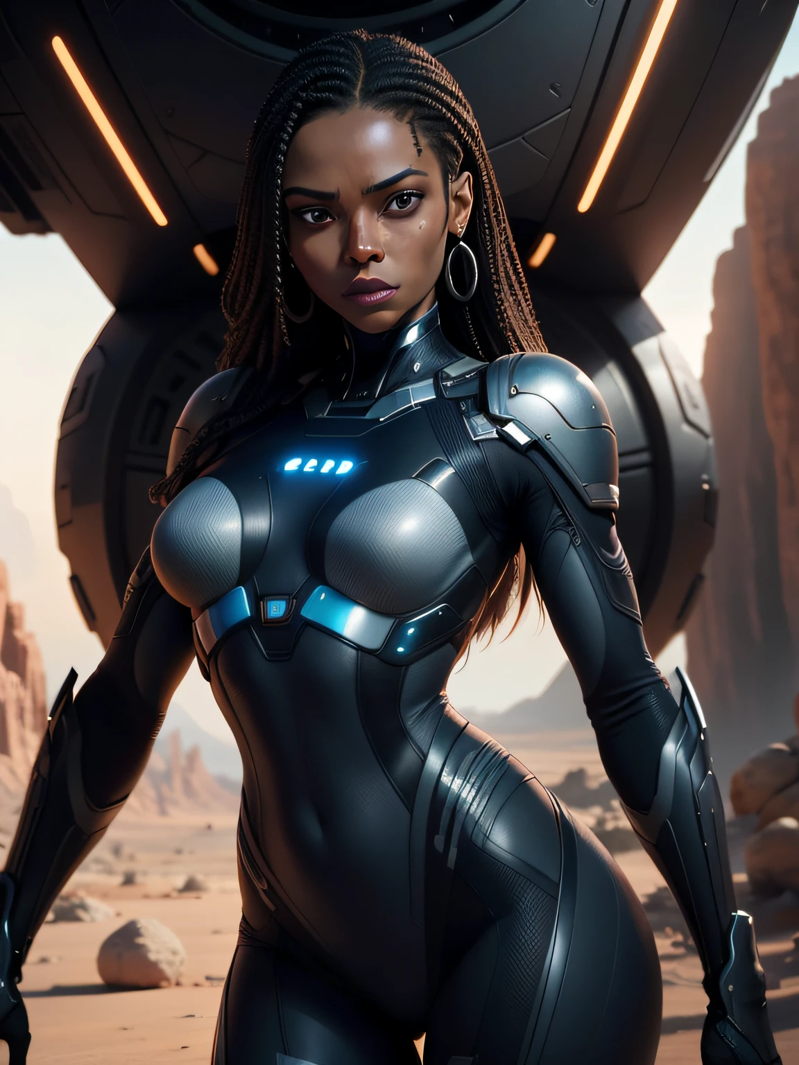 (realistic, photorealistic), dark skinned woman, (Zoe Saldana:0.6), landscape, movie screenshot, sharp details, the expanse scifi spacescape ceres colony, intricate, highly detailed, rich color, smooth, sharp focus, Unreal Engine 5, 8K, (blurry background, film grain, cinema shot, depht blur, volumetric dtx)