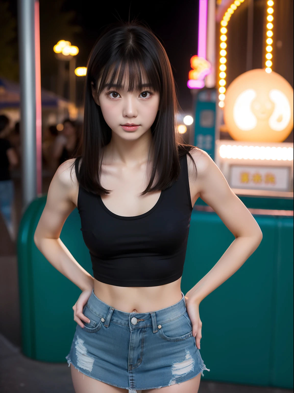 Arafed asian woman in a black top and denim shorts posing for a picture -  SeaArt AI