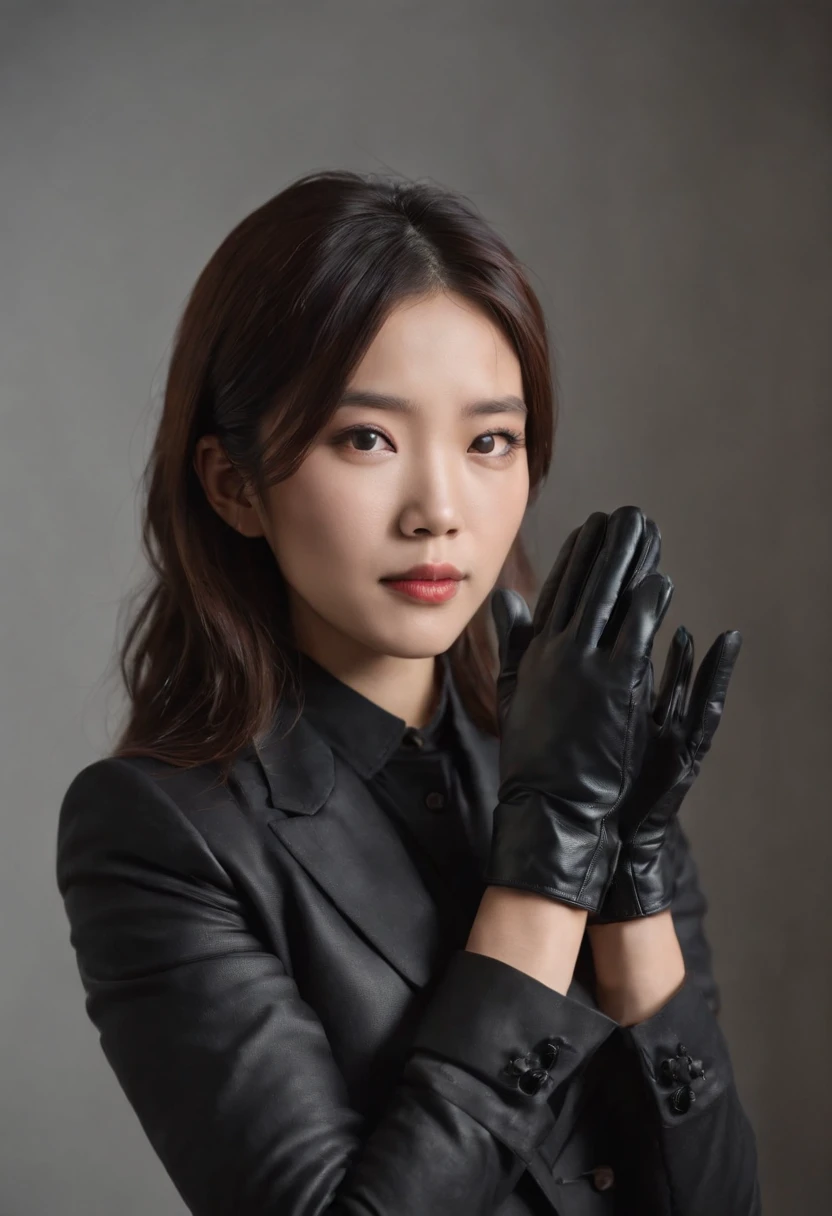 A young Japanese woman holding a black suit up to a shirt, a black leather glove worn in both hands, a woman's hand with a black suit and black leather gloves in front of her