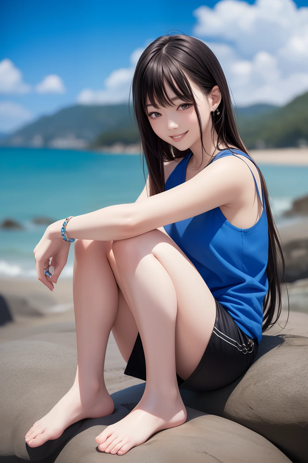 FULL BODYSHOT、​masterpiece、top-quality、hight resolution、Dark hair、Super long hair、Bangs are aligned、a smile、I'm very happy、Blue shirt、sleeveless clothes、Black shorts、shores、sea side、Sitting on a rocky ground、blue-sky、lightly dressed、Ring on the ring finger of the left hand、1 ring