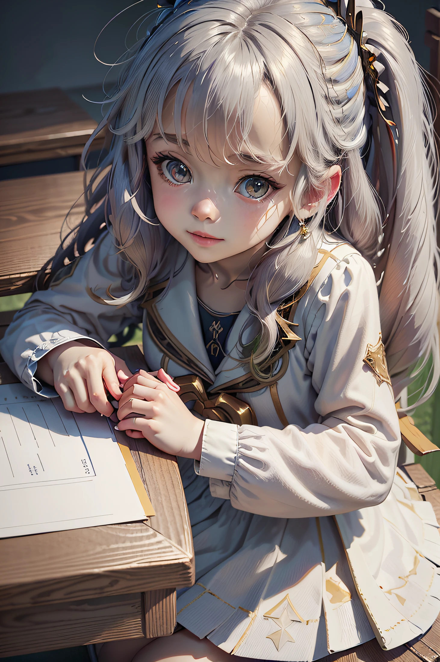 A girl in a school uniform sits at a school desk, Girl at school, The girl put her hand on the desk, (side-view), short skirt, white blouse, little chest, Miniature figure, model figure, Slim waist, confusion, sexuality, Cute beautiful anime woman, detailed digital anime art, beautiful anime girl, beautiful anime girl, Anime with small details, Best Quality, Masterpiece, Ultra-detailed, Beautiful, hight resolution, Original,CG 8K ультрареалистичный, perfect artwork, beatiful face, Face Clean, Skin, hyper realistic, Ultra Detailed, A detailed eye, dramatic  lighting, (Realistic) Realistic, Full HD, Best Quality, Best Quality, Beautiful lighting, (8k wallpaper of extremely detailed CG unit), High Details, sharp-focus, The art of dramatic and photorealistic painting, beautiful smile, pectorals, little chest, microskirt, tinyskirt, ((SFW)),