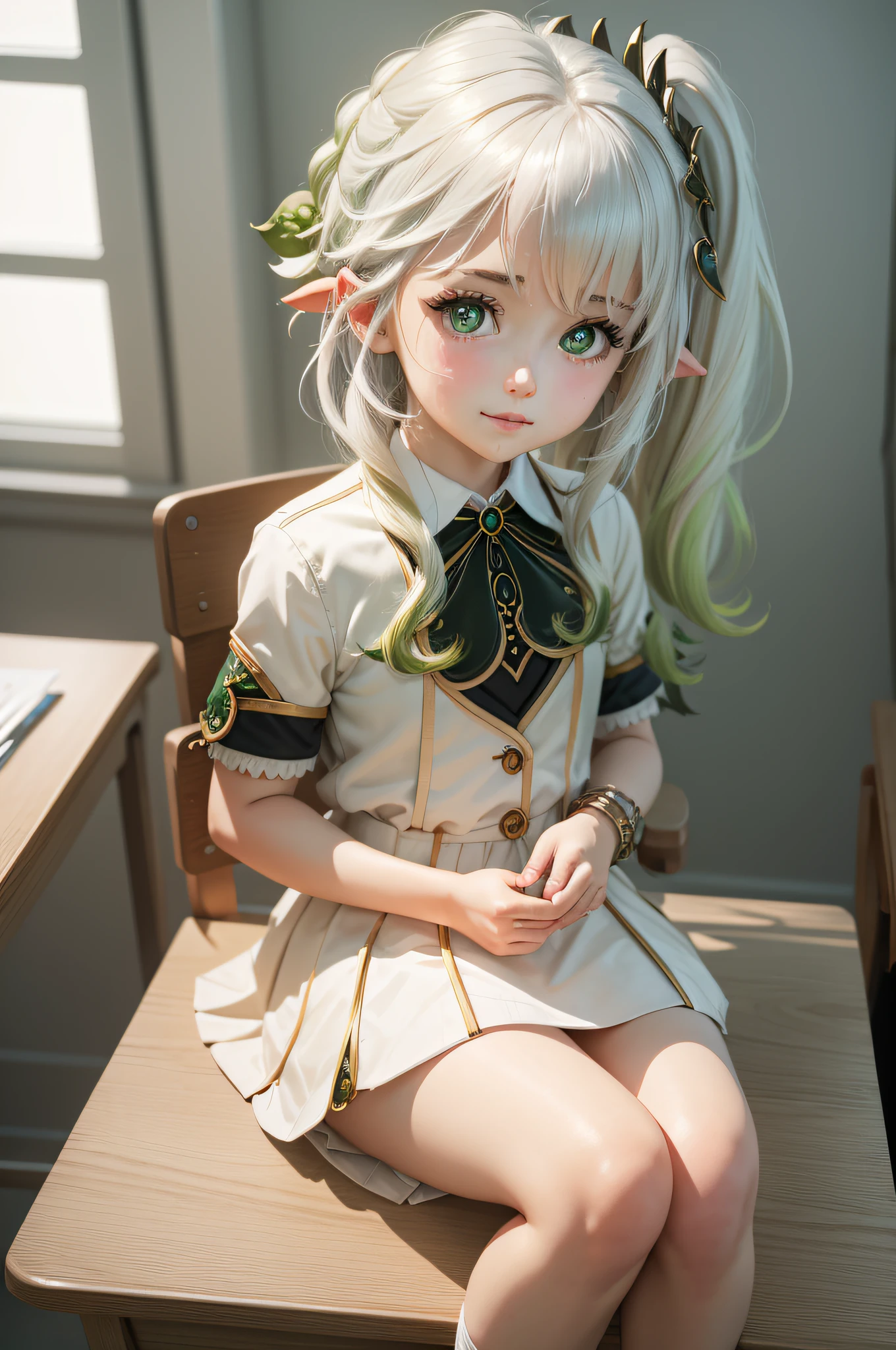 A girl in a  sits at a school desk, Girl at school, The girl put her hand on the table, (side-view), short skirt, white blouse, little chest, Miniature figure, model figure, Slim waist, confusion, sexuality, Cute beautiful anime woman, detailed digital anime art, beautiful anime girl, beautiful anime girl, Anime with small details, Best Quality, Masterpiece, Ultra-detailed, Beautiful, hight resolution, Original,CG 8K ультрареалистичный, perfect artwork, beatiful face, Face Clean, Skin, hyper realistic, Ultra Detailed, A detailed eye, dramatic  lighting, (Realistic) Realistic, Full HD, Best Quality, Best Quality, Beautiful lighting, (8k wallpaper of extremely detailed CG unit), High Details, sharp-focus, The art of dramatic and photorealistic painting, beautiful smile, pectorals, little chest, microskirt, tinyskirt, ((SFW)),
