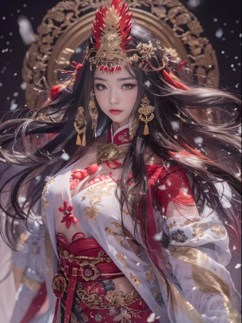 Flame Girl, Yao Lang protector, Chinese girl, flowing hair, burgundy hair, Onsen District, python pattern robe, Black gold maste...