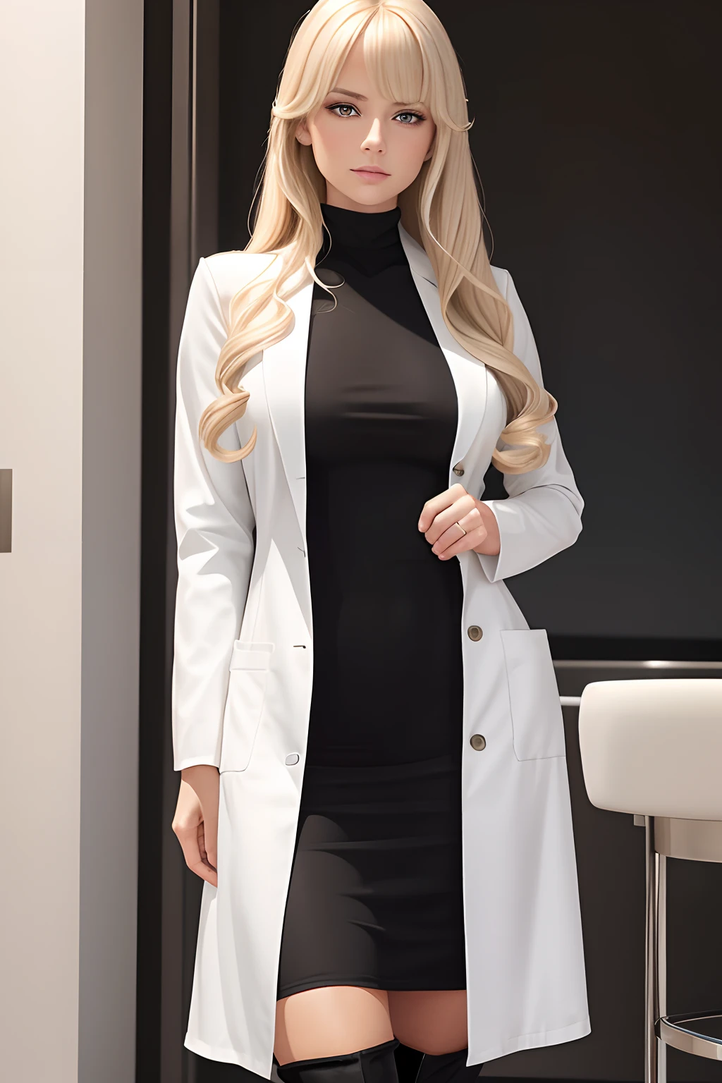 Dr. Amelia Buck is a beautiful Caucasian woman with long blonde hair that reaches her lower back, accompanied by side-swept bangs. She stands tall and possesses a slim physique. Her attire consists of a black cotton turtle neck one-piece dress that ends just above her knees. To complete her professional look, she wears a pristine white lab coat over her dress. The lab coat is worn open, allowing her dress to peak through. Paired with her outfit are thigh-high boots that have medium heels, adding a touch of elegance to her appearance, crossed arms.