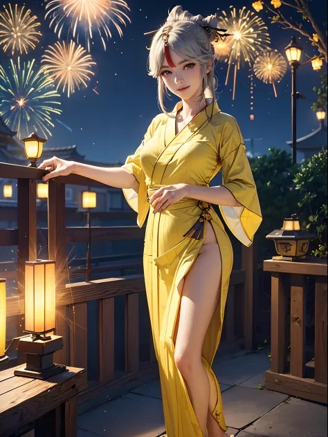 ningguang (genshin impact), wearing a (((short yellow yukata))),((transparent)), extremely detailed, masterpiece, realistic anim...