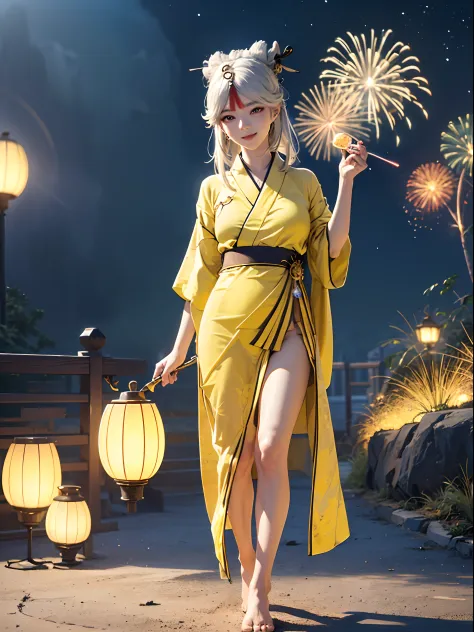 Ningguang (genshin impact), wearing a (((short yellow yukata))),((transparent)), extremely detailed, masterpiece, realistic anim...