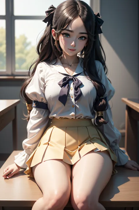 A girl in a school uniform sits at a school desk, Girl at school, The girl put her hand on the table, (side-view), short skirt, ...