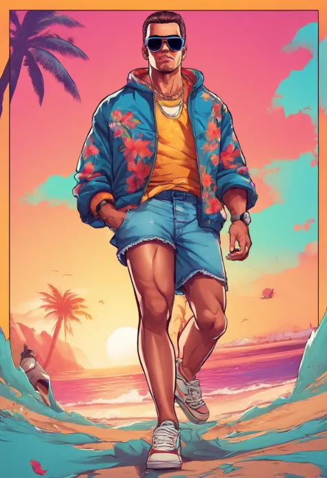 Masterpiece, Best Quality, suntanned skin, looking a viewer, sports clothing, leggins, walking on the beach , in sneakers, Simple background with logo, From Bottom, SUNGLASSES WITH BROKEN GLASSES, torn jeans