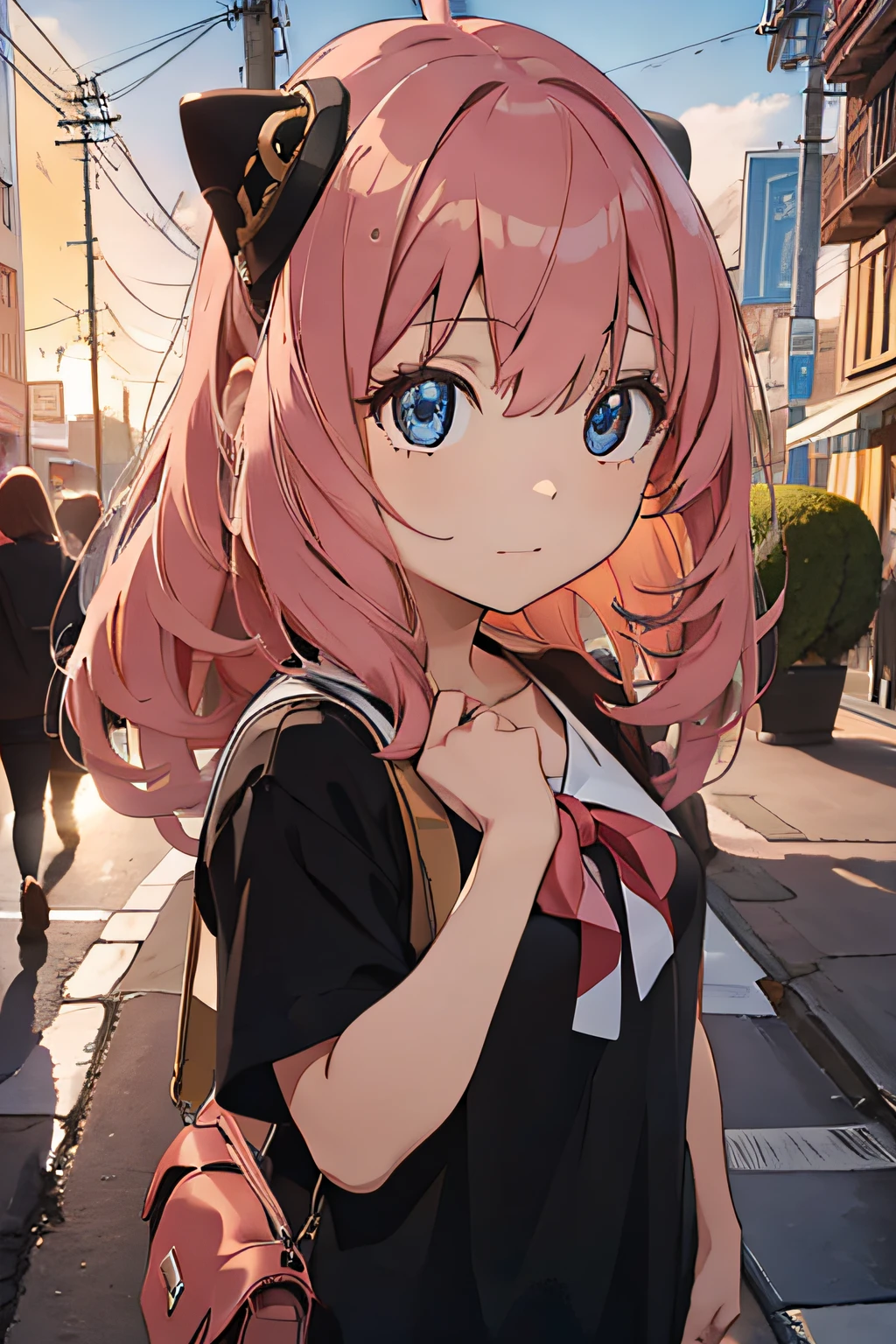 cute little、1 girl in、Pink hair、(((((Eyes)))))、((The whole picture))、realisitic、BREAK outdoors, city, BREAK looking at viewer, BREAK (masutepiece:1.2), Best Quality, High resolution, Unity 8k Wallpaper, (Illustration:0.8), (Beautiful detailed eyes:1.6), extra detailed face, Perfect Lighting, extremely details CG, (Perfect hands, Perfect Anatomy),