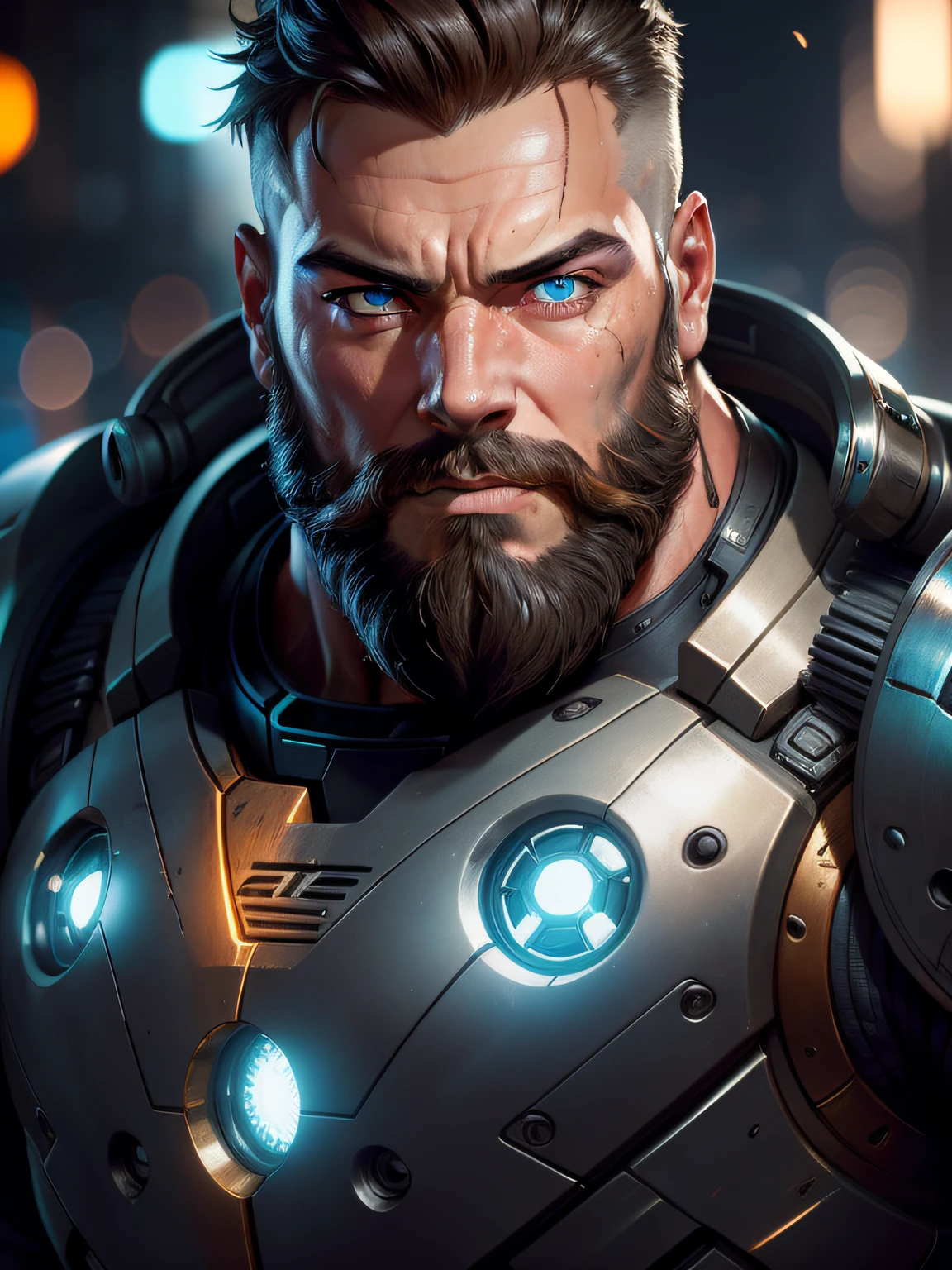 Portrait photo of muscular bearded guy in a worn mech suit, ((light ...