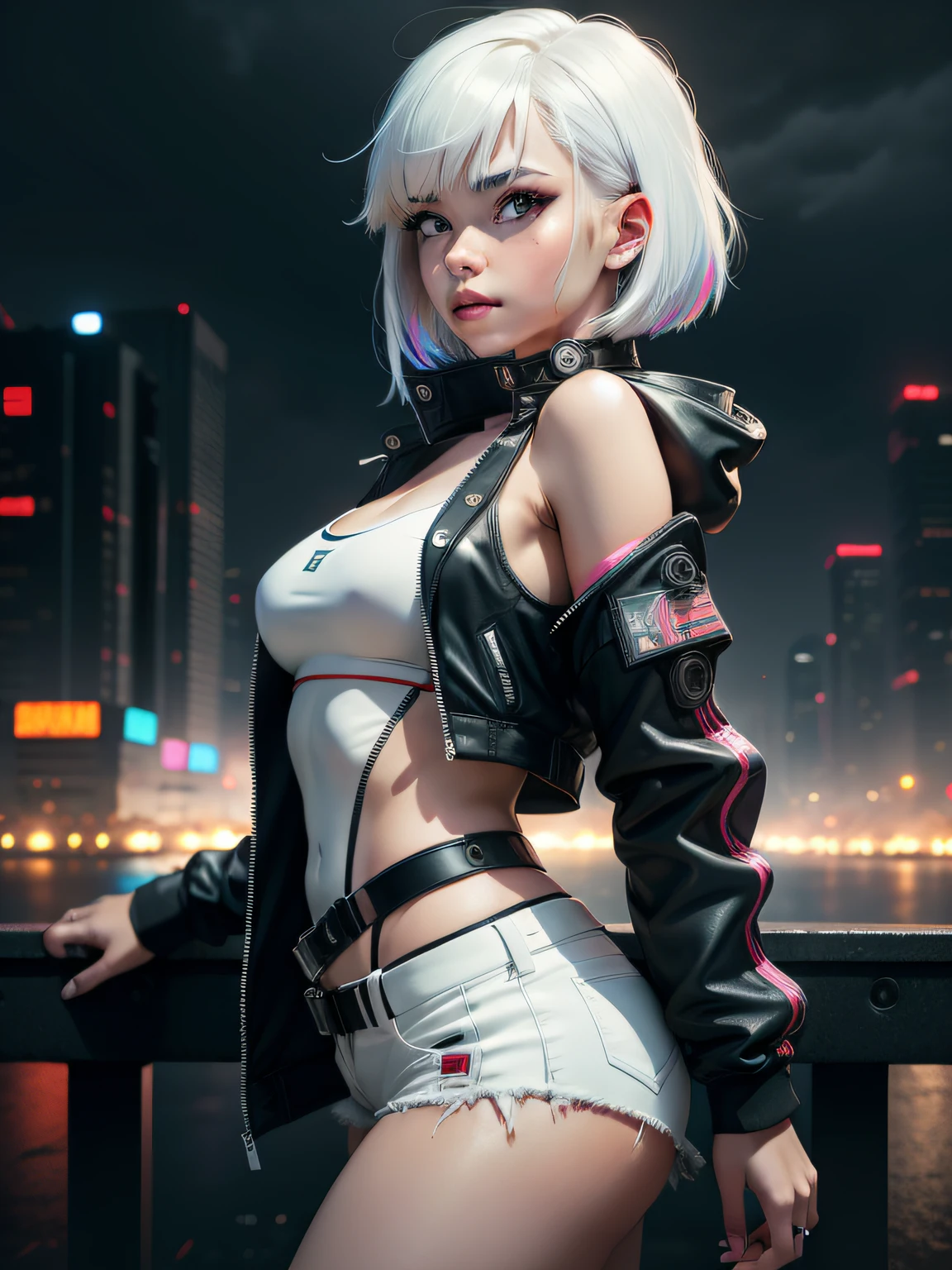 masterpiece, (photorealistic:1.4), best quality, beautiful lighting, (ulzzang-6500:0.5), lucy \(cyberpunk\), 1girl, white hair, against railing, arm rest, bangs, bare shoulders, belt, black belt, black leotard, black pants, blurry, bob cut, breasts, building, cityscape, clothing cutout, (cropped jacket), cyberpunk, depth of field, from side, gradient eyes, grey eyes, grey hair, white jacket, leotard, lips, long sleeves, looking afar, looking ahead, (mechanical parts), medium breasts, multicolored eyes, multicolored hair, night, night sky, off shoulder, open clothes, open jacket, outdoors, pants, parted lips, railing, red eyeliner, science fiction, short hair with long locks, short shorts, shorts, sidelocks, sky, solo, standing, teeth, thigh cutout, upper teeth only, white jacket, white shorts, cyberpunk \(series\), cyberpunk edgerunners, RAW photo, 8k uhd, film grain, cosplay, white wig, night, neon lights,,,,