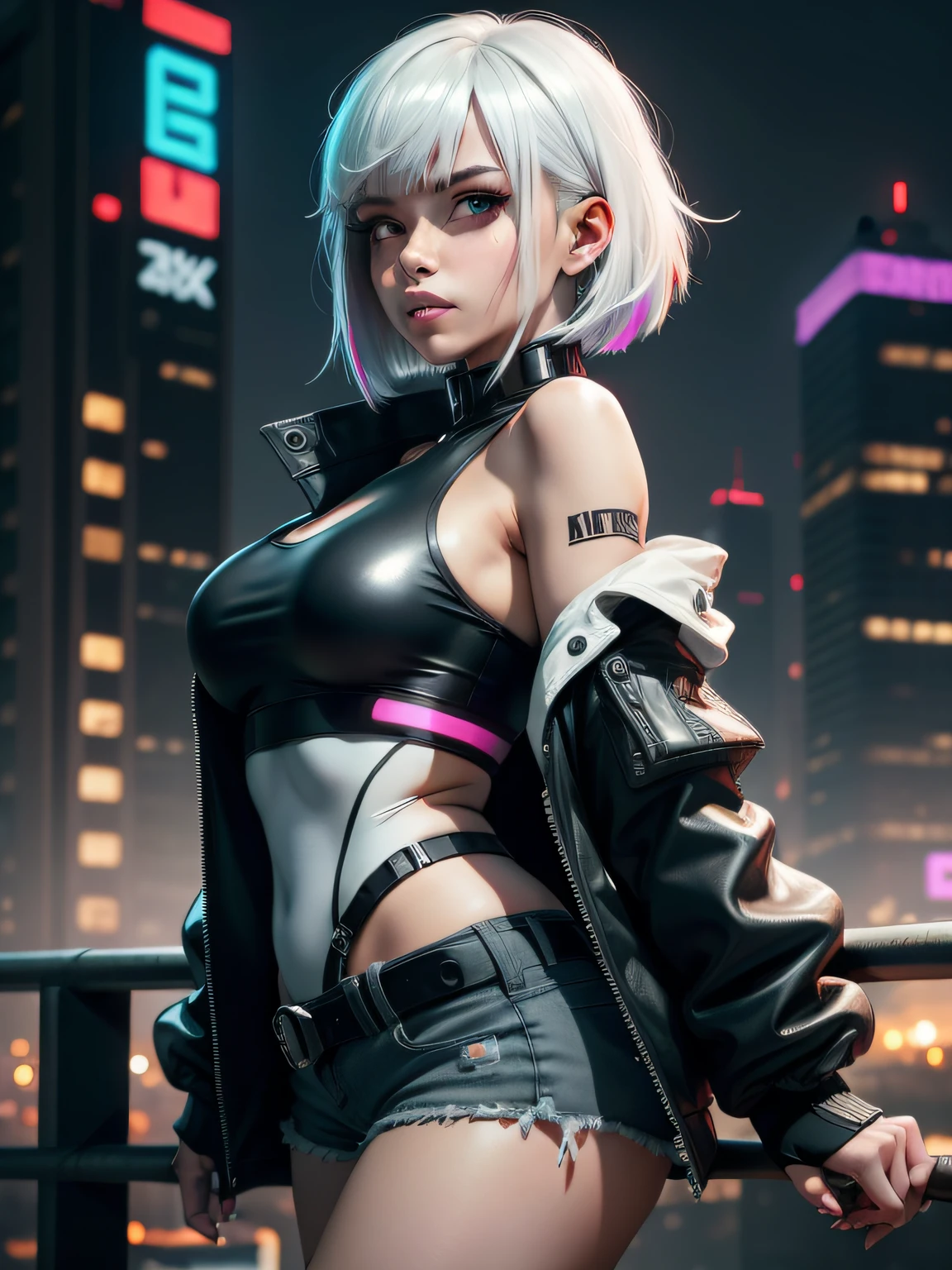 Meisterwerk, (fotorealistisch:1.4), beste Qualität, schöne Beleuchtung, (ulzzang-6500:0.5), lucy \(cyberpunk\), 1 Mädchen, weißes Haar, against Geländer, Armlehne, bangs, nackten Schultern, belt, schwarzer Gürtel, black Trikot, black Hose, verschwommen, Bob-Frisur, Brüste, Gebäude, Stadtbild, kleidung ausschnitt, (Kurze Jacke), cyberpunk, Tiefenschärfe, Von der Seite, Farbverlauf-Augen, graue Augen, graue Haare, weiße Jacke, Trikot, Lippen, lange Ärmel, in die Ferne schauen, Vorausschauen, (mechanische Teile), medium Brüste, mehrfarbige Augen, mehrfarbige Haare, Nacht, Nacht Himmel, schulterfrei, offene Kleidung, offene Jacke, draußen, Hose, parted Lippen, Geländer, roter Eyeliner, Science-Fiction, kurze Haare mit langen Locken, short kurze Hose, kurze Hose, Seitenlocken, Himmel, Allein, Stehen, Zähne, Oberschenkelausschnitt, upper Zähne only, weiße Jacke, white kurze Hose, cyberpunk \(Serie\), cyberpunk edgerunners, RAW-Foto, 8k uhd, Filmkorn, Cosplay-Kostüm, weiße Perücke, Nacht, Neonlichter,,,,