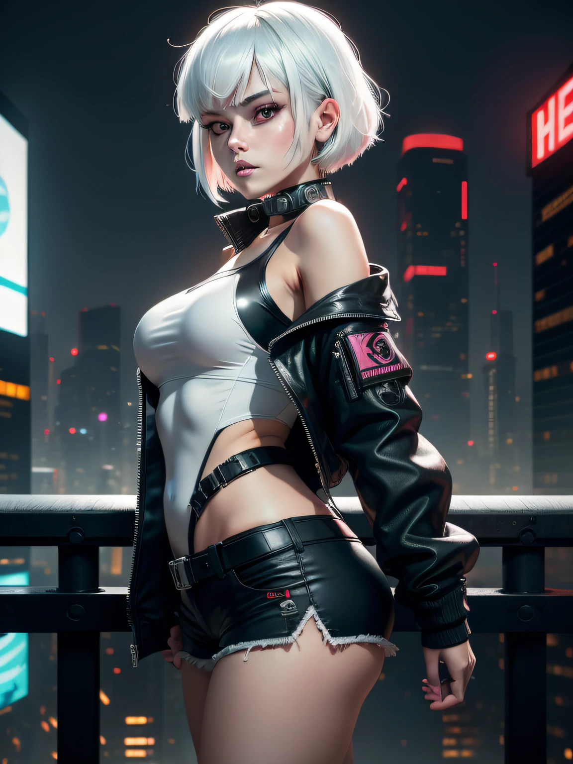 masterpiece, (photorealistic:1.4), best quality, beautiful lighting, (ulzzang-6500:0.5), lucy \(cyberpunk\), 1girl, white hair, against railing, arm rest, bangs, bare shoulders, belt, black belt, black leotard, black pants, blurry, bob cut, breasts, building, cityscape, clothing cutout, (cropped jacket), cyberpunk, depth of field, from side, gradient eyes, grey eyes, grey hair, white jacket, leotard, lips, long sleeves, looking afar, looking ahead, (mechanical parts), medium breasts, multicolored eyes, multicolored hair, night, night sky, off shoulder, open clothes, open jacket, outdoors, pants, parted lips, railing, red eyeliner, science fiction, short hair with long locks, short shorts, shorts, sidelocks, sky, solo, standing, teeth, thigh cutout, upper teeth only, white jacket, white shorts, cyberpunk \(series\), cyberpunk edgerunners, RAW photo, 8k uhd, film grain, cosplay, white wig, night, neon lights,,,,