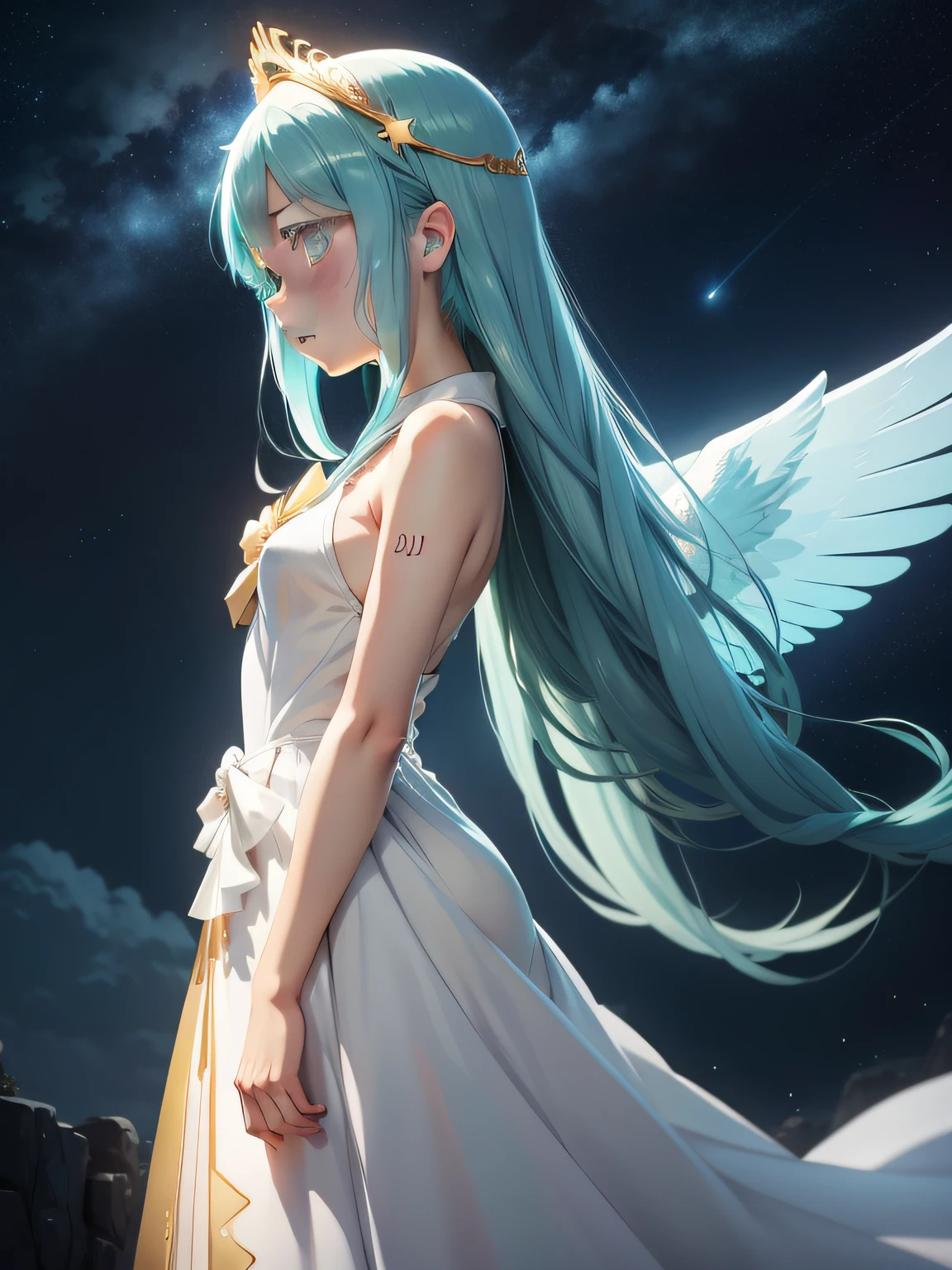 (Anime-Färbung, Anime-Screencap, ghibli, Karte, Anime-Stil), 1 Mädchen, hatsune miku, weißes Kleid, angel, angel wings, golden halo, dunkler Hintergrund, Oberkörper, (geschlossener Mund:1.2), Betrachter betrachten, Arme hinter dem Rücken, blaues Thema, Sterne, sternenklare Nacht