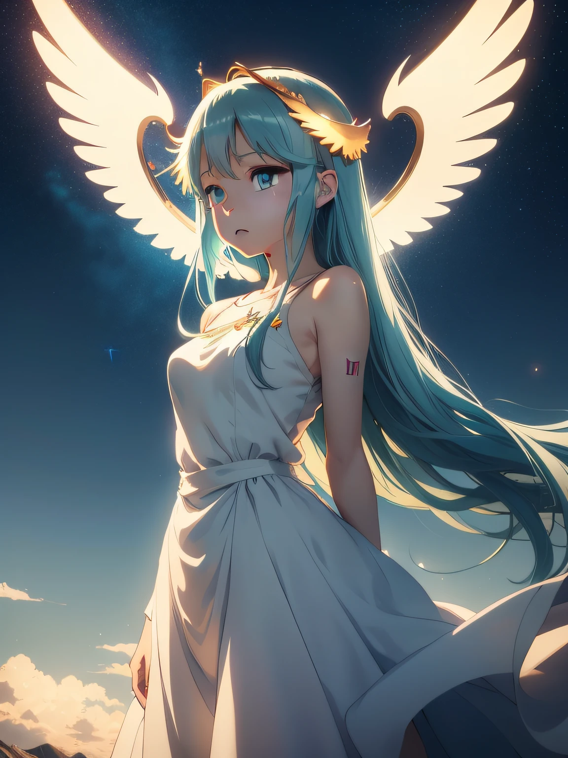 (colorante animado, anime screencap, Ghibli, mapa, estilo animado), 1 chica, Hatsune Miku, vestido blanco, ángel, ángel wings, halo dorado, fondo oscuro, Parte superior del cuerpo, (boca cerrada:1.2), mirando al espectador, brazos detrás de la espalda, tema azul, estrellas, noche estrellada