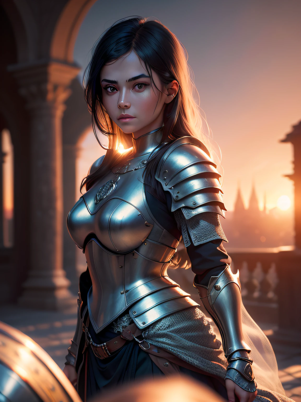 (masterpiece), (extremely intricate:1.3), (realistic), portrait of a girl, the most beautiful in the world, (medieval armor), metal reflections, upper body, outdoors, intense sunlight, far away castle, professional photograph of a stunning woman detailed, sharp focus, dramatic, award winning, cinematic lighting, octane render unreal engine, volumetrics dtx, (film grain, blurry background, blurry foreground, bokeh, depth of field, sunset, motion blur:1.3), chainmail