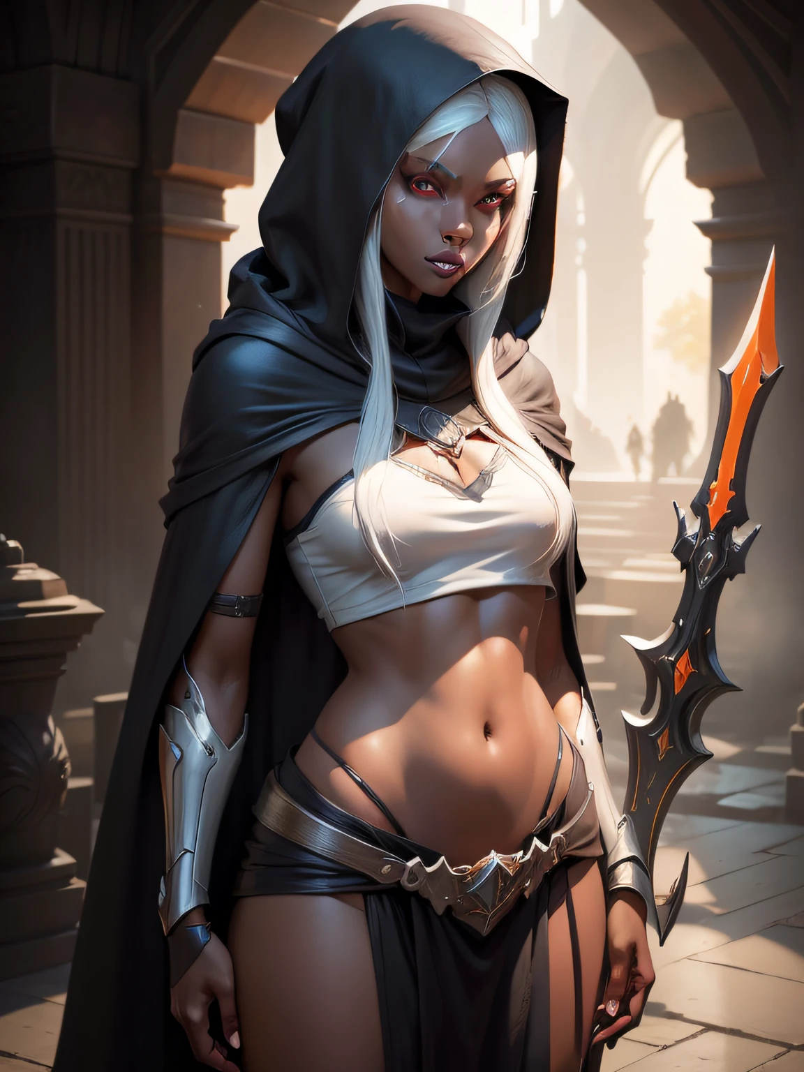 drow, femelle, oreilles pointues, seulement, elfe, nombril, capot, peau colorée, diaphragme, regarder le spectateur, cheveux longs, manteau, elfe noire, seins, cheveux blancs, capot up, cap, medium seins, capoted manteau, ceinture, poche, les yeux rouges, peau grise, Yeux oranges, haut du corps, arme, yeux brillants, lèvres, ((chef-d&#39;œuvre, meilleure qualité)), art par Greg Rutkowski, tendance sur artstation, (cgmech, mecha, Articulations mécaniques, pièces de robots)