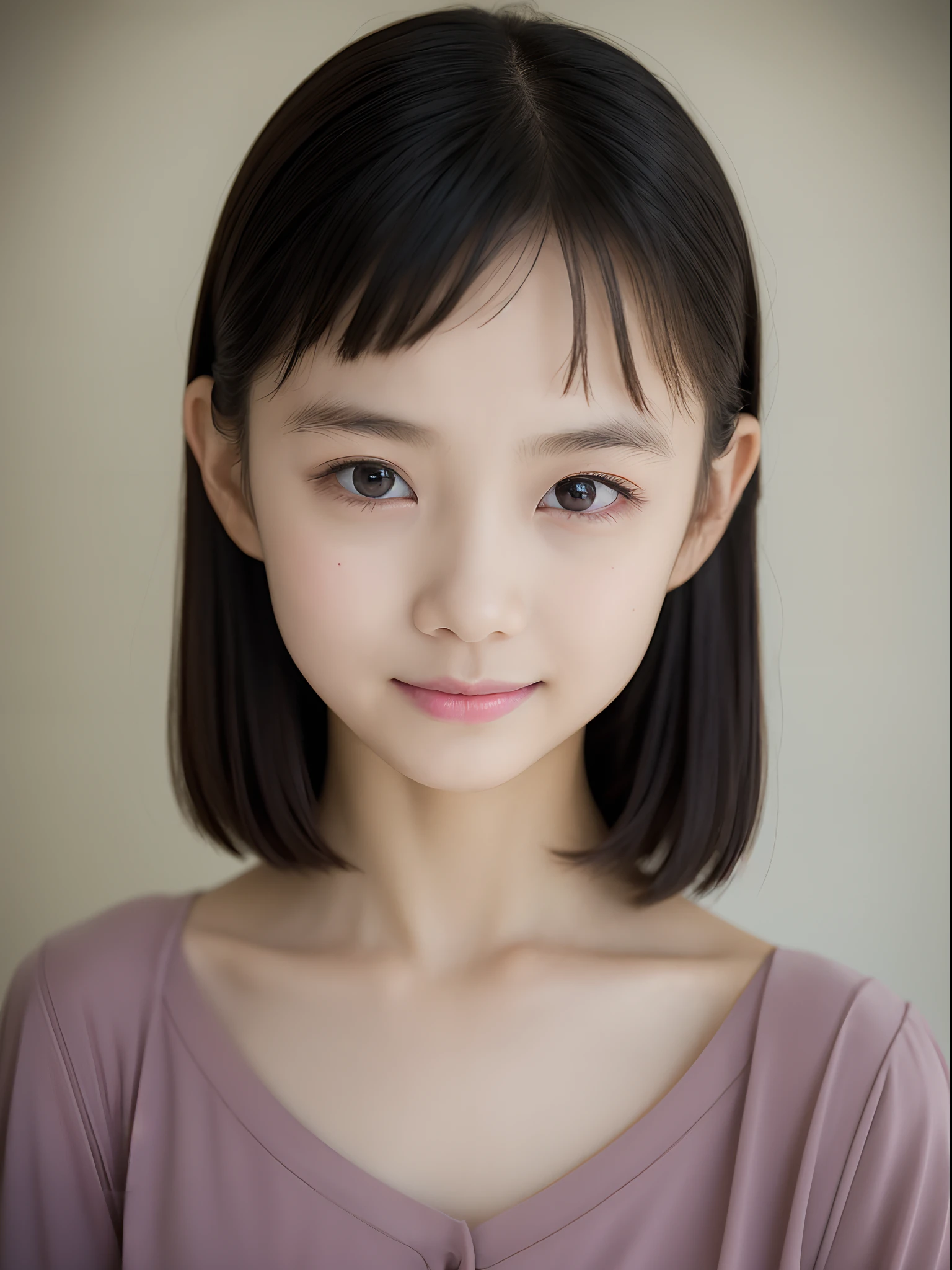 Neat and clean elementary school girl, petite person, (slim, Small, Flat, Small), Short black hair, Photorealistic, detail, Detailed skin texture, Ultra Detail, delicate sexy collarbone, Smile, Super Detailed Face, Detailed lips, Detailed eyes, (10years old girl)、Delicate eyebrows、short neck、Little baby face、Professional Photography、(watching at viewers)、doress、natural soft light、f lare